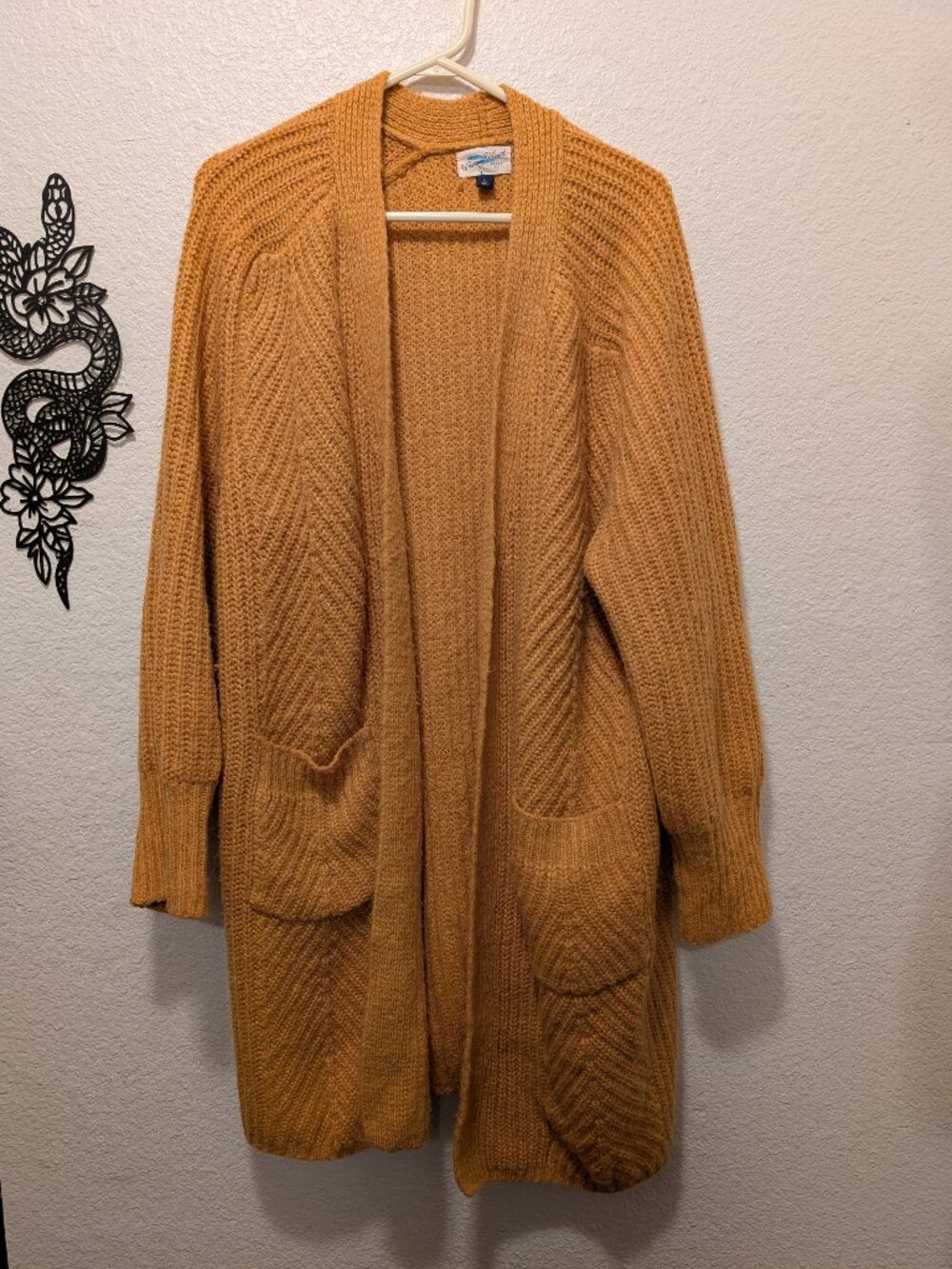 Mustard Yellow Chunky Knit Cardigan – Oversized Open Front Sweater – Size XL